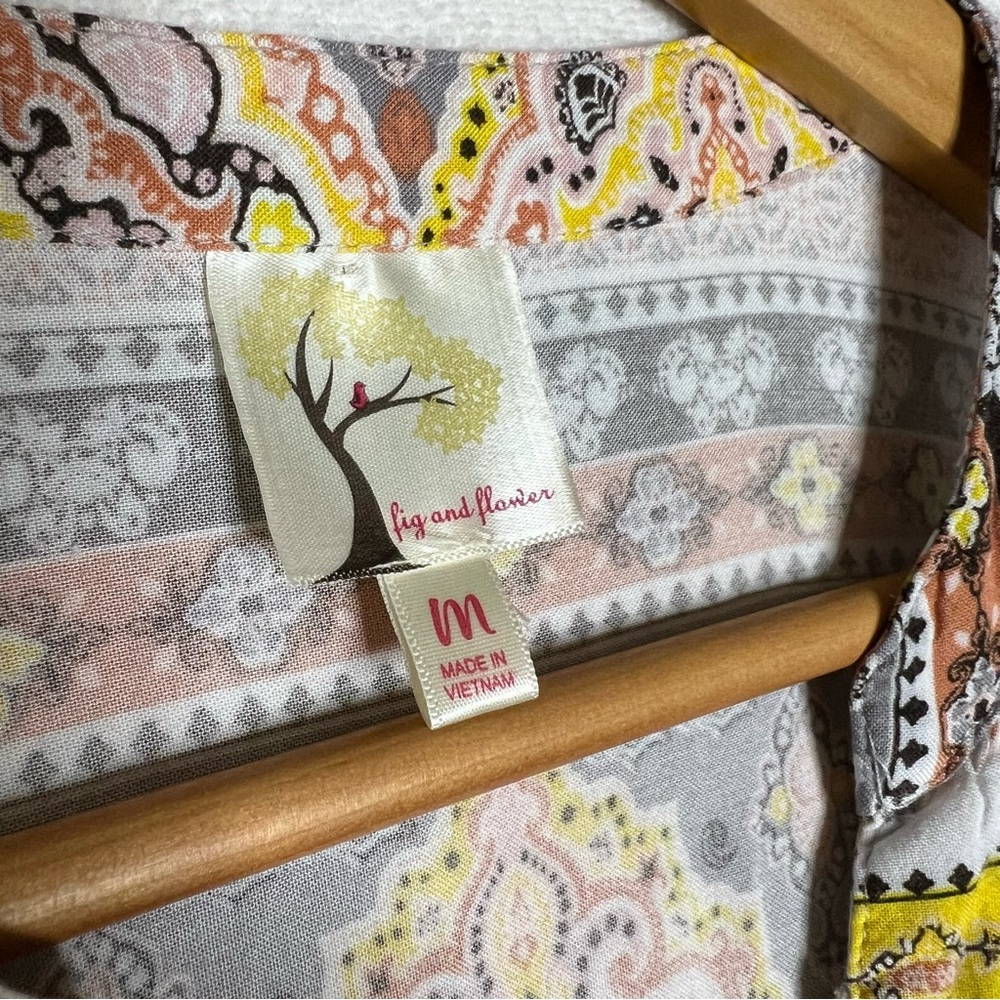 Anthropologie Fig Flower Gray Yellow Geometric Rayon Womens Blouse Size M - Picture 2 of 6